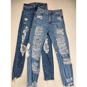 2 Pairs American Eagle Outfitters Mom Jeans Size 0 Distressed Denim Blue Womens